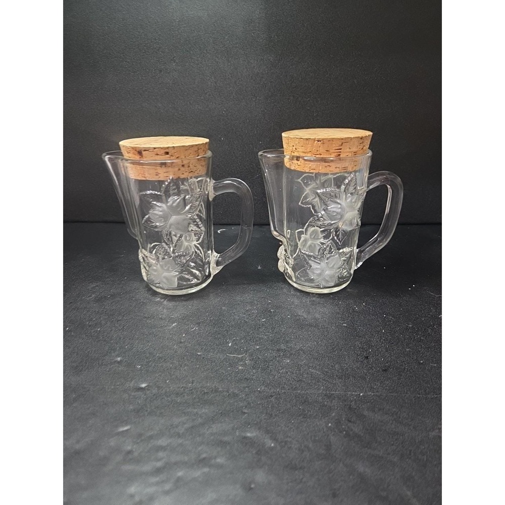 Embossed Floral Glass Pitcher‎ Set, Snub Nose Spout, Cork Top, Vintage Glassware - Picture 3 of 9